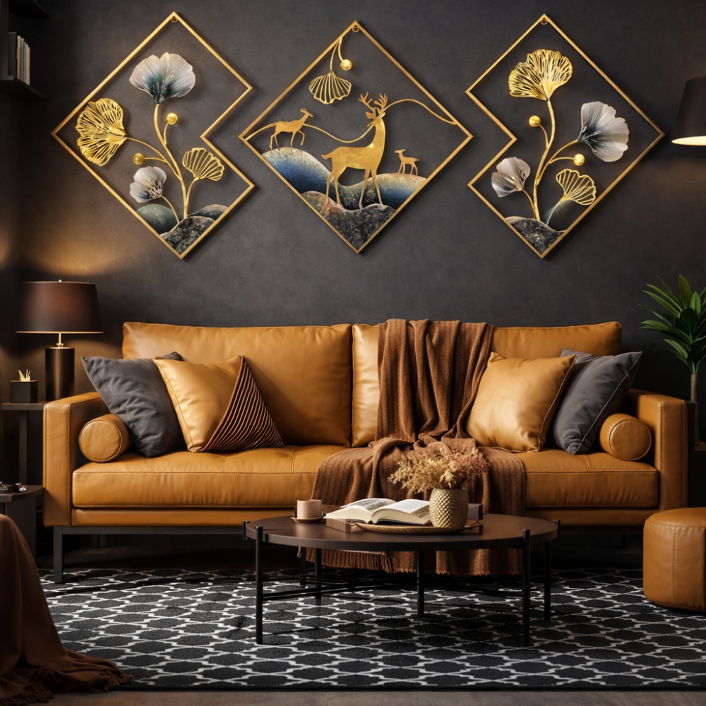Metal Wall Art Set of 3 Golden Ginkgo Leaves With Deer Wall Hanging Metal Wall Decor with Frame Wall Decor For Living Room Wall Sculpture for Bedroom Office