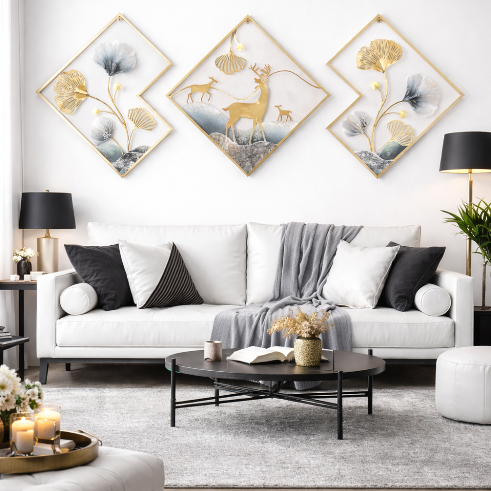 Metal Wall Art Set of 3 Golden Ginkgo Leaves With Deer Wall Hanging Metal Wall Decor with Frame Wall Decor For Living Room Wall Sculpture for Bedroom Office