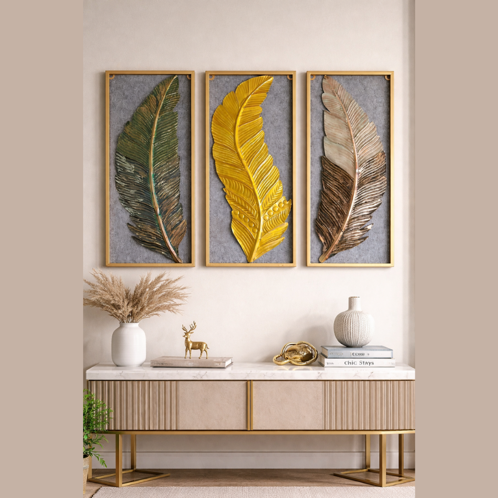 (Pack Of 3) Luxury Metal Leaf Wall Art | Decorative Wall Hanging for Living Room Bedroom Hotel Restaurant Drawing Room National Handicraft Town
