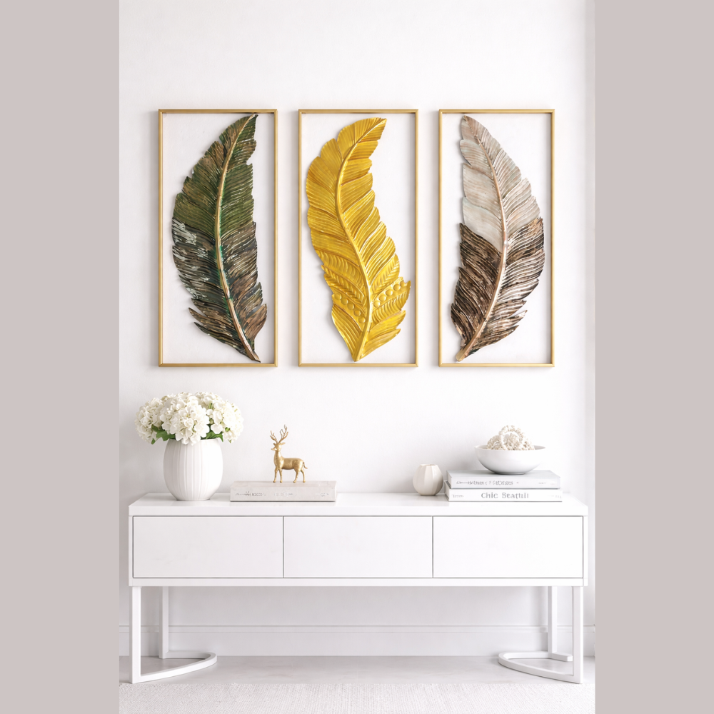 (Pack Of 3) Luxury Metal Leaf Wall Art | Decorative Wall Hanging for Living Room Bedroom Hotel Restaurant Drawing Room