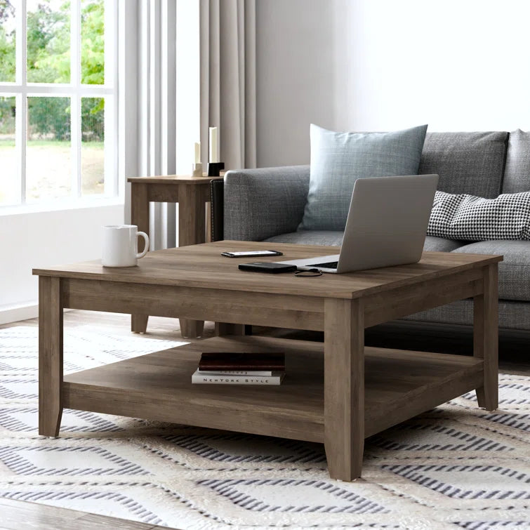 Square Wooden Coffee Table with Open Shelf