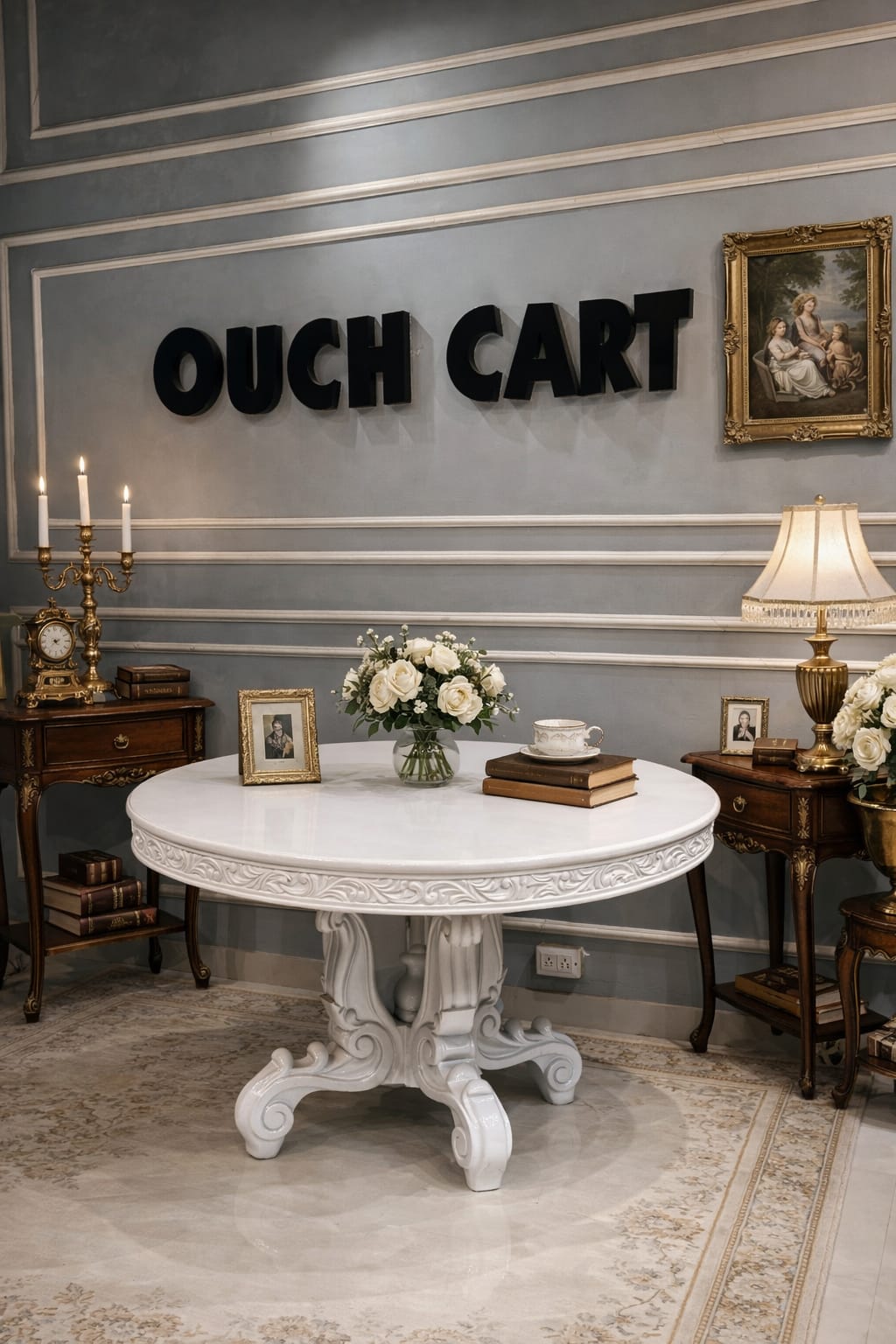 Luxury White Round Marble Finish Dining Table with Royal Carved Pedestal Base OUCH CART