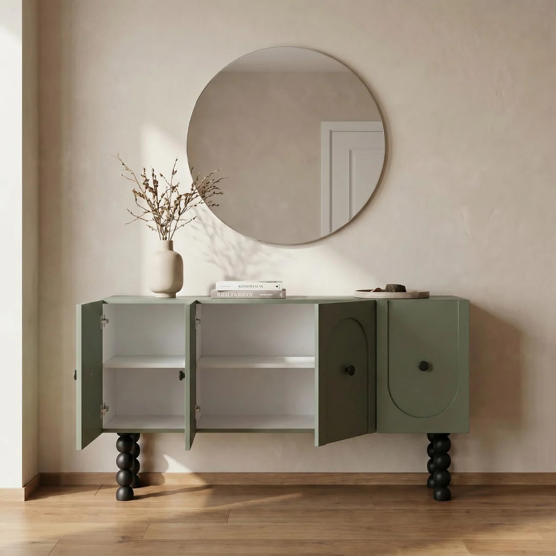 Modern Sage Green Sideboard Cabinet with 4 Doors Ouch Cart