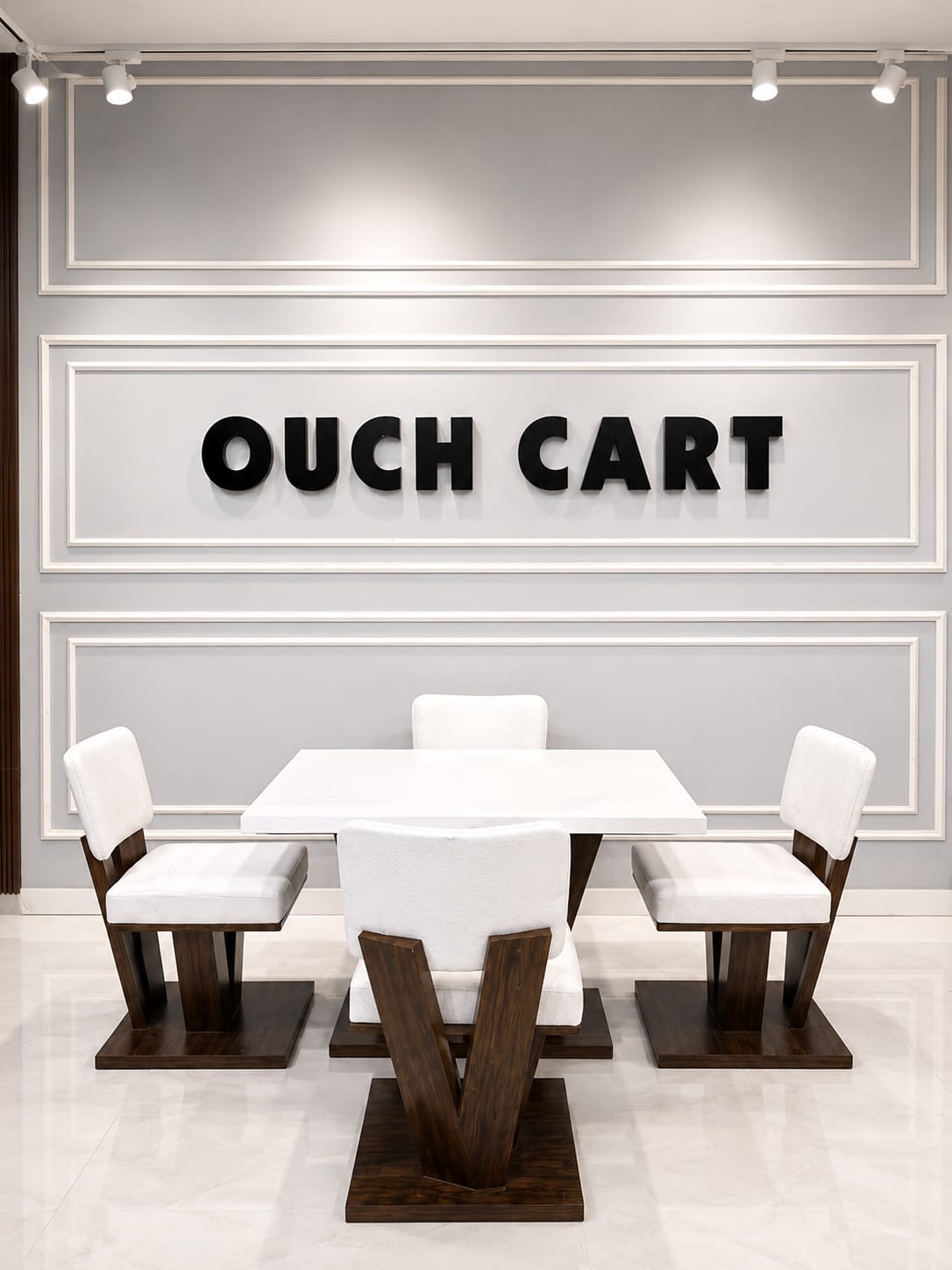 Ouch Cart Modern 4 Seater Dining Table Set | White Table with Cushioned Chairs & Wooden Base
