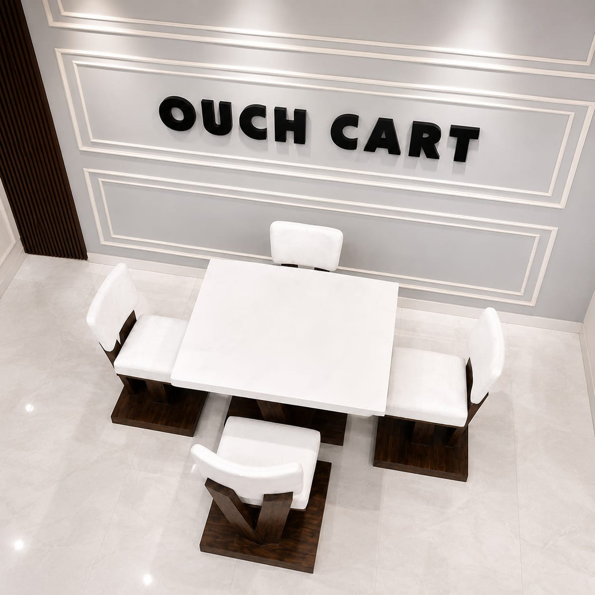 Ouch Cart Modern 4 Seater Dining Table Set | White Table with Cushioned Chairs & Wooden Base OUCH CART