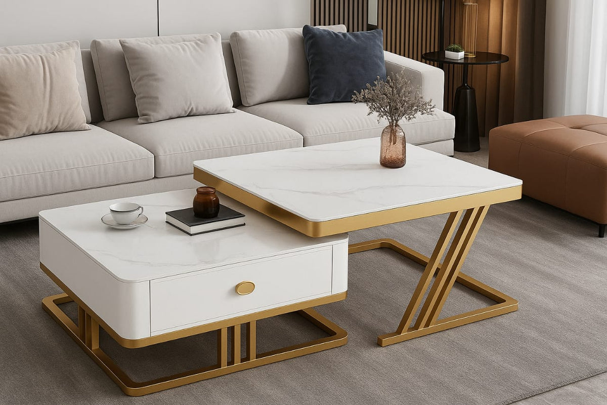 Modern Handmade Square Coffee Table with Metal Base and Engineered Wood Top OUCH CART