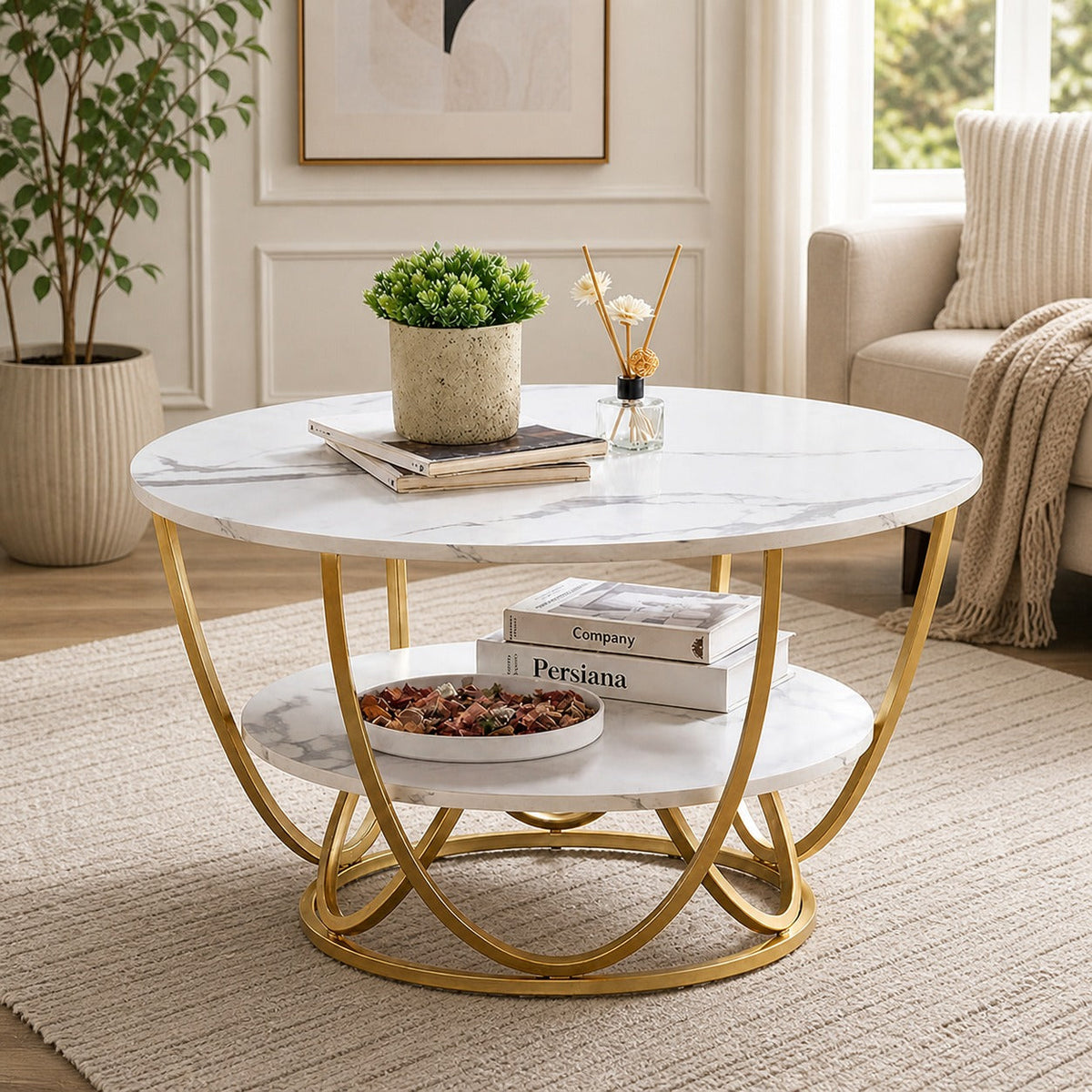 Round Gold Coffee Table,2 Tier Coffee Tables for Living Room OUCH CART