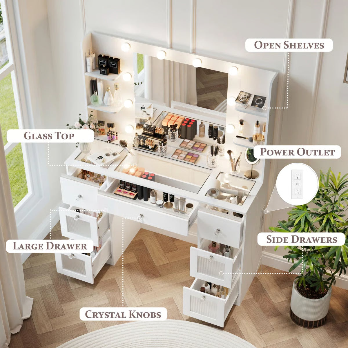 White Makeup Vanity Table with Lighted Mirror – Glass Top, 7 Drawers, 4 Shelves & 3-Color LED Lights