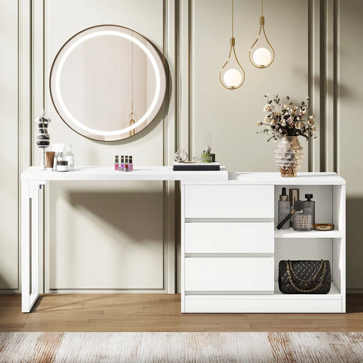White Bedroom Vanity Table โ Makeup Desk with 3 Drawers & Open Shelves-OUCH CART |Dressing table