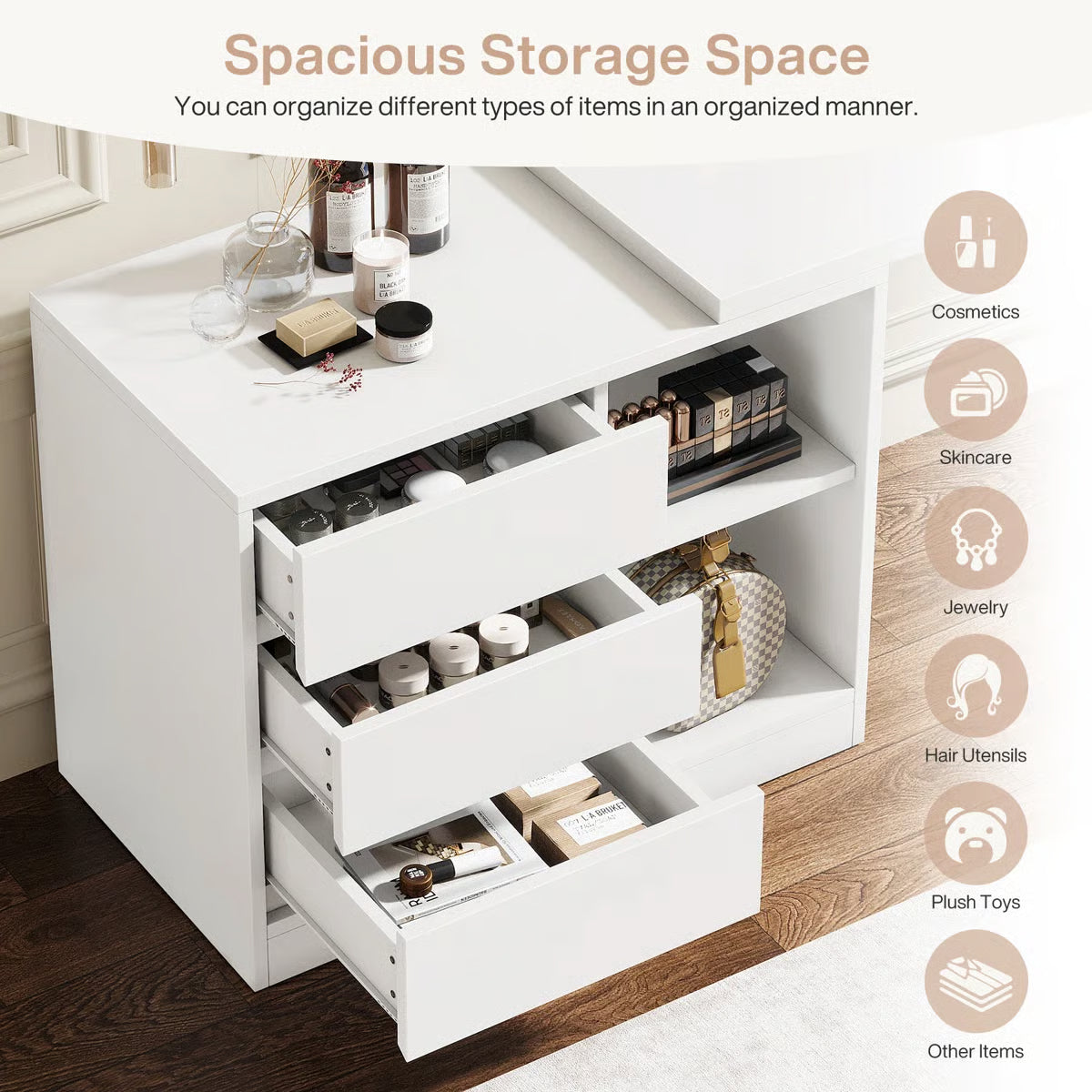 White Bedroom Vanity Table – Makeup Desk with 3 Drawers & Open Shelves