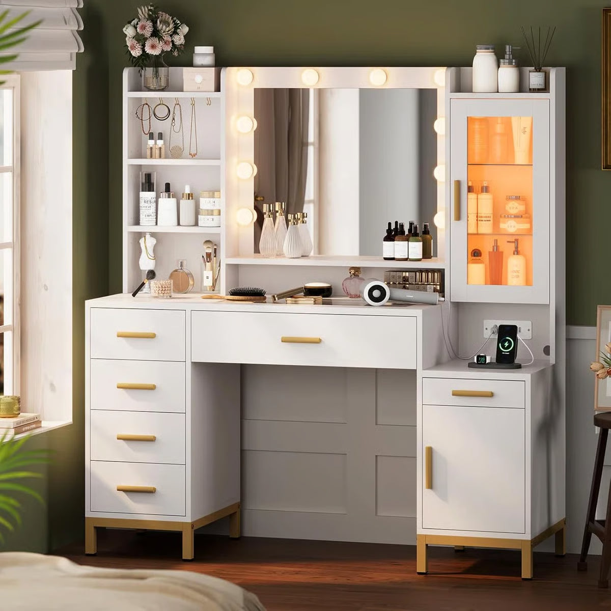 Elegant White Vanity Desk with Mirror and Power Outlet – Makeup Station