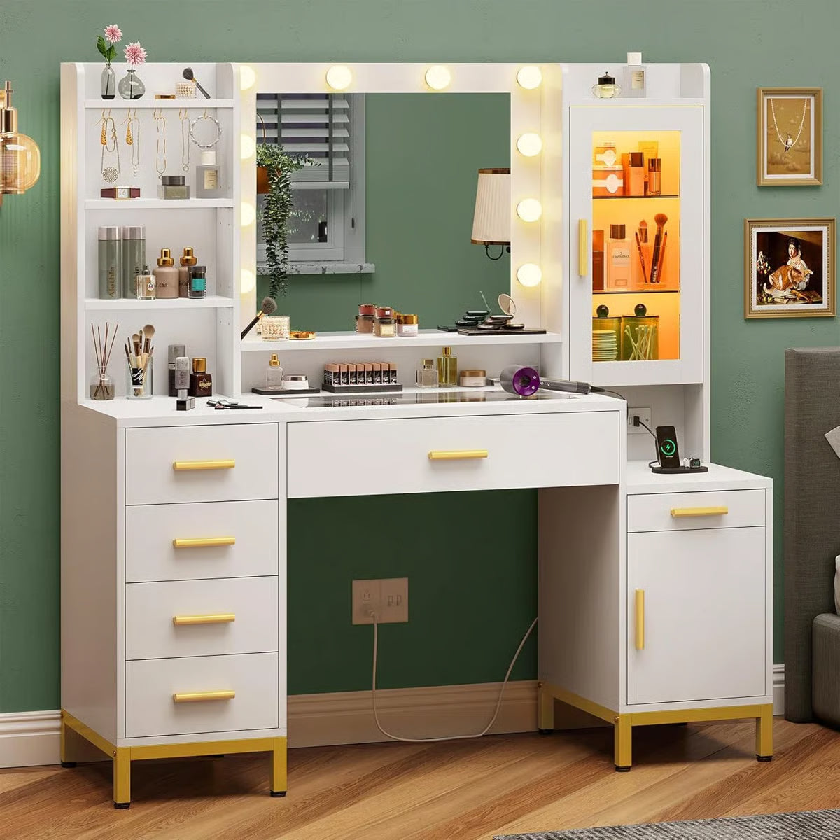 Elegant White Vanity Desk with Mirror and Power Outlet โ Makeup Station- OUCH CART | Dressing table