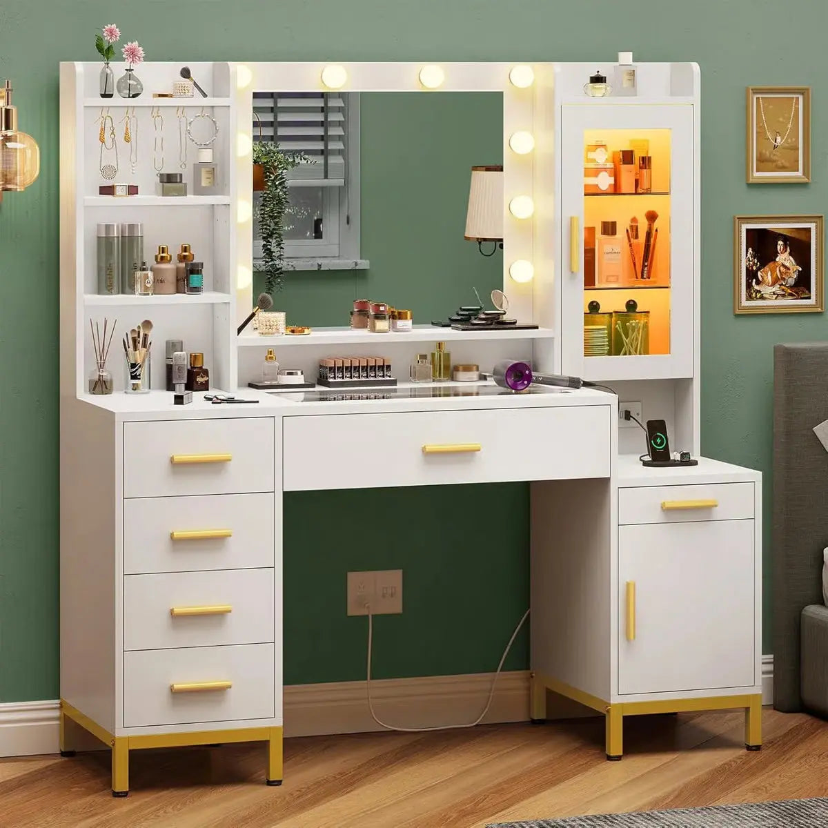 Elegant White Vanity Desk with Mirror and Power Outlet โ Makeup Station- OUCH CART | Dressing table