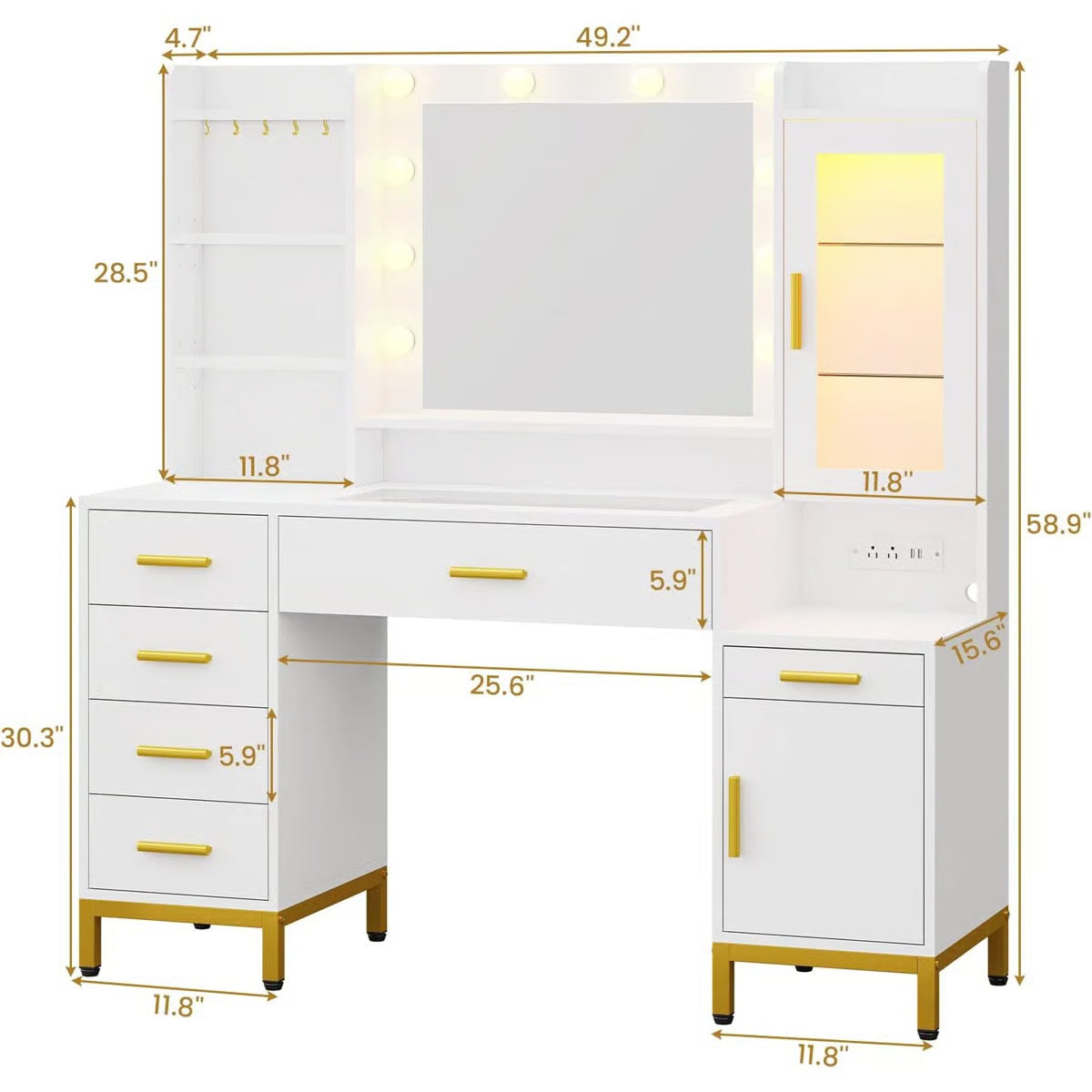 Elegant White Vanity Desk with Mirror and Power Outlet – Makeup Station
