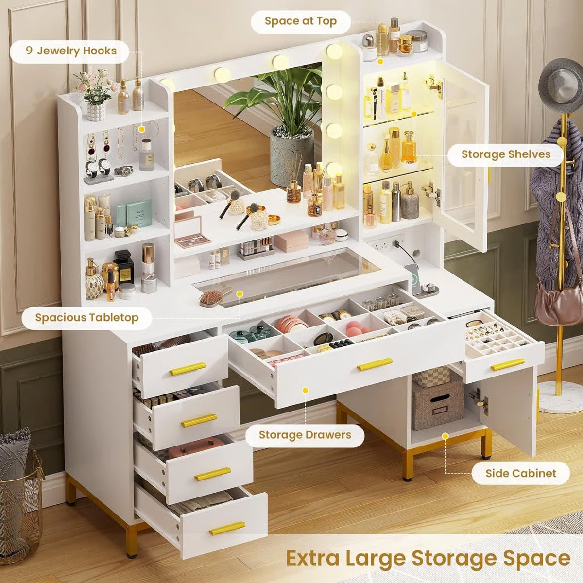 Elegant White Vanity Desk with Mirror and Power Outlet – Makeup Station