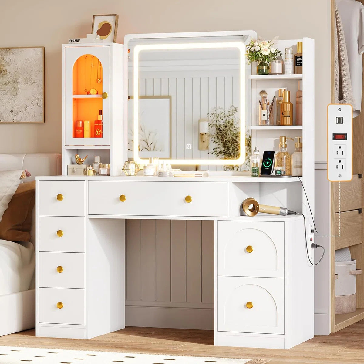 White Makeup Vanity Desk with LED Mirror, 7 Storage Drawers, RGB Glass Cabinet, Adjustable Lights, and Charging Station-OUCH CART |Dressing table