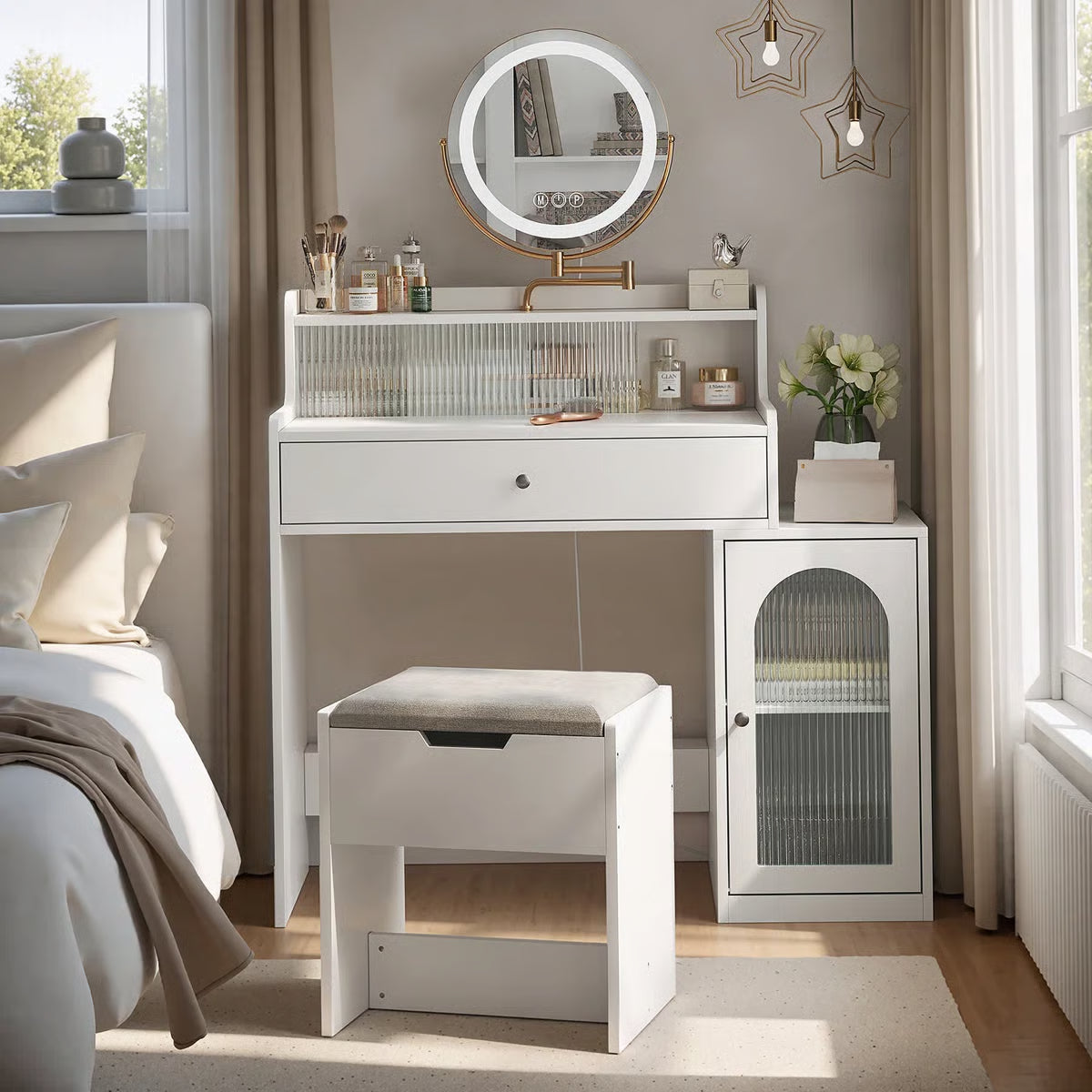 360° Mirror White Vanity Desk – Adjustable Lights, Makeup Table with Storage Chair for Girls-OUCH CART |Dressing table