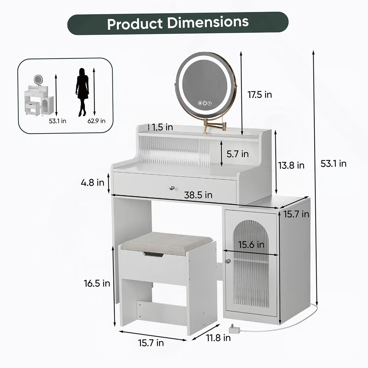 360° Mirror White Vanity Desk – Adjustable Lights, Makeup Table with Storage Chair for Girls-OUCH CART |Dressing table