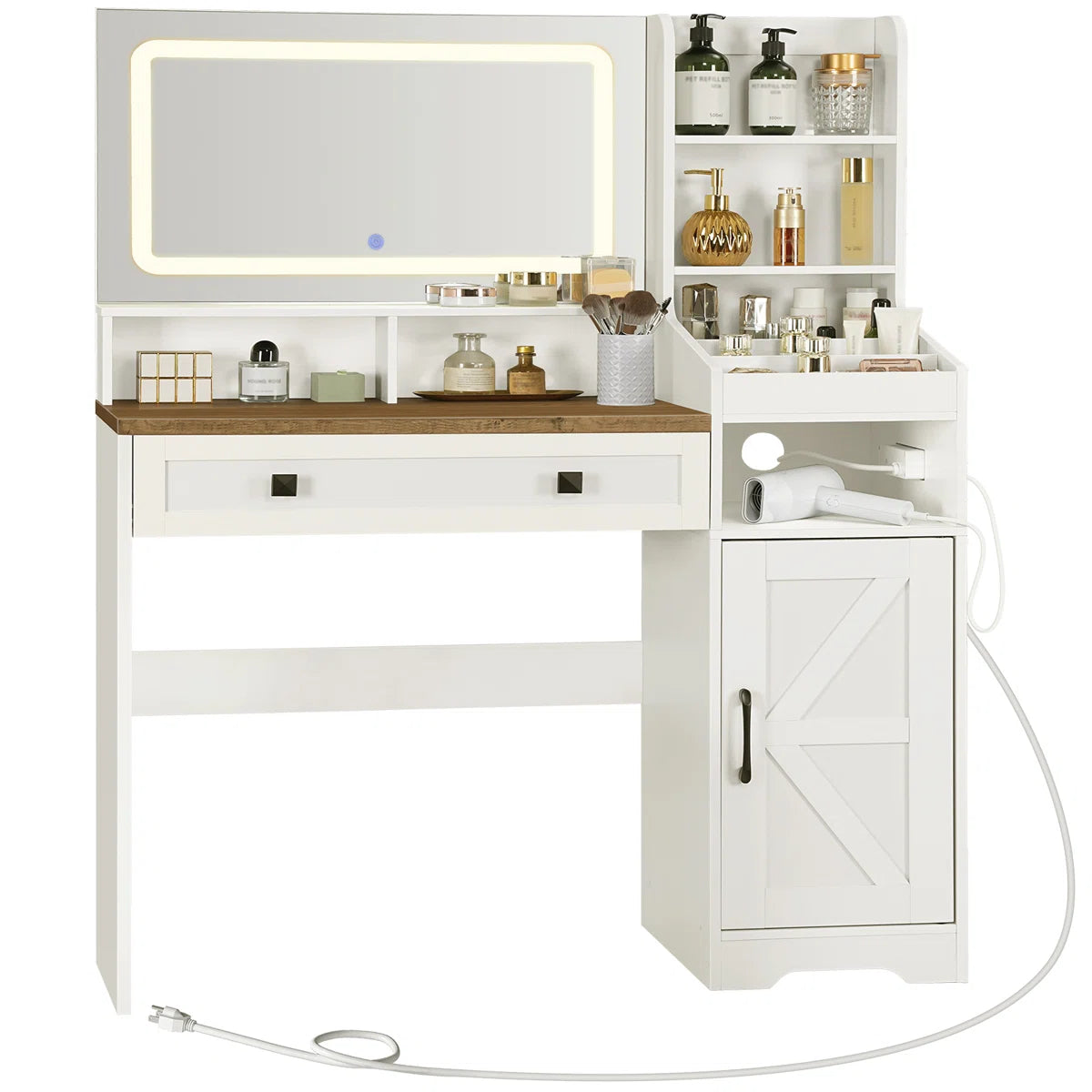 Modern Makeup Vanity with Spacious Storage & Built-In Power Strip – White/Walnut