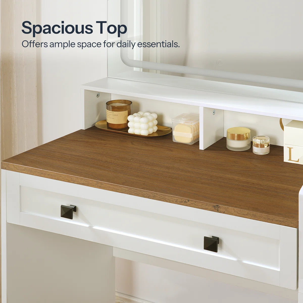 Modern Makeup Vanity with Spacious Storage & Built-In Power Strip – White/Walnut