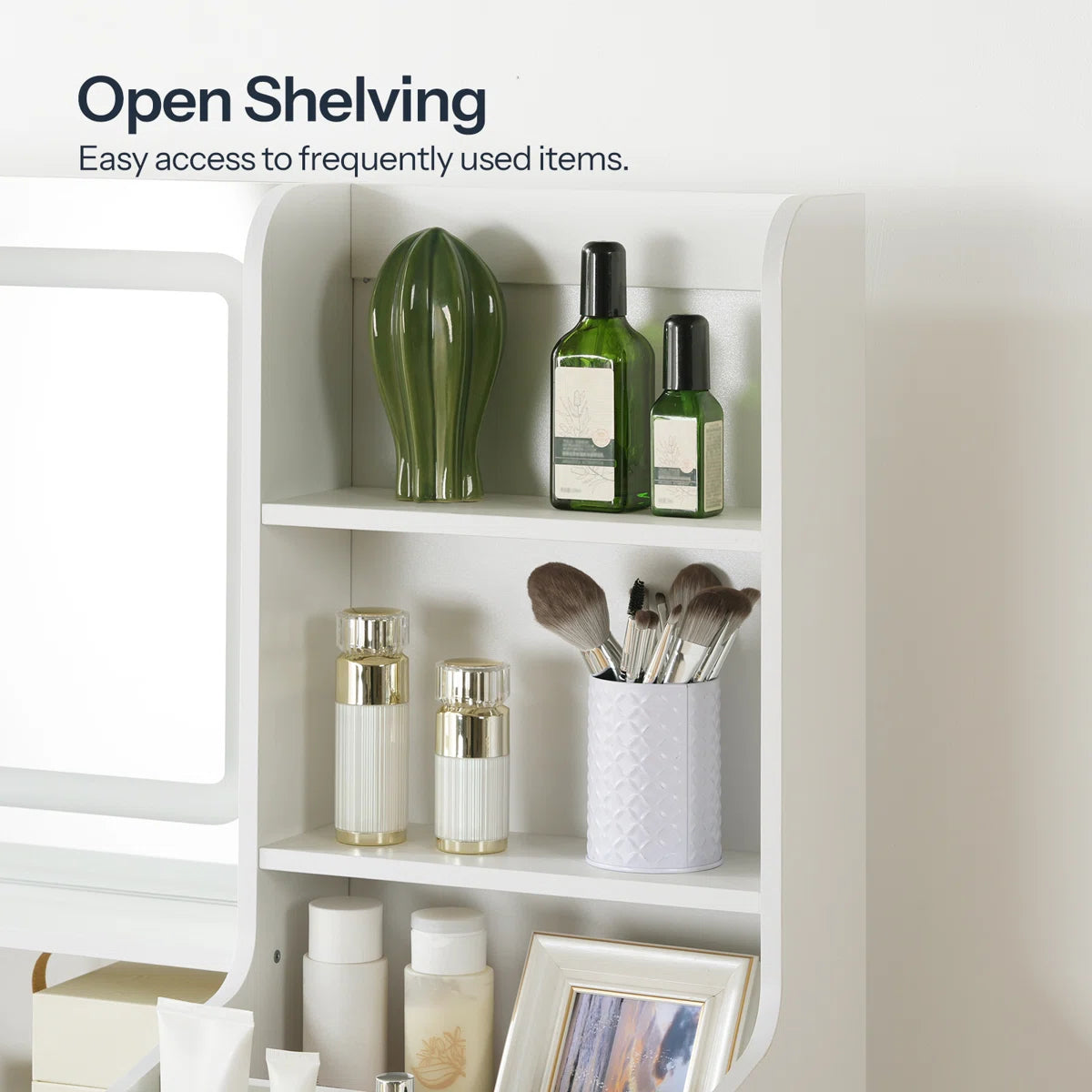 Modern Makeup Vanity with Spacious Storage & Built-In Power Strip – White/Walnut