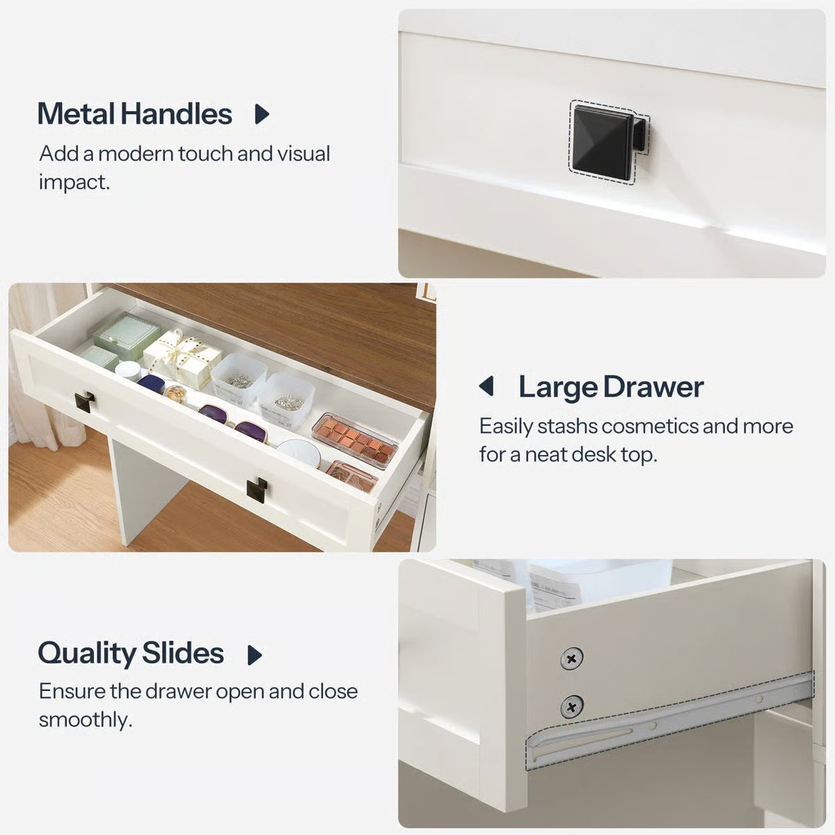White Makeup Vanity Desk 41.5" with LED Mirror, Power Outlet, and Modern Farmhouse Design