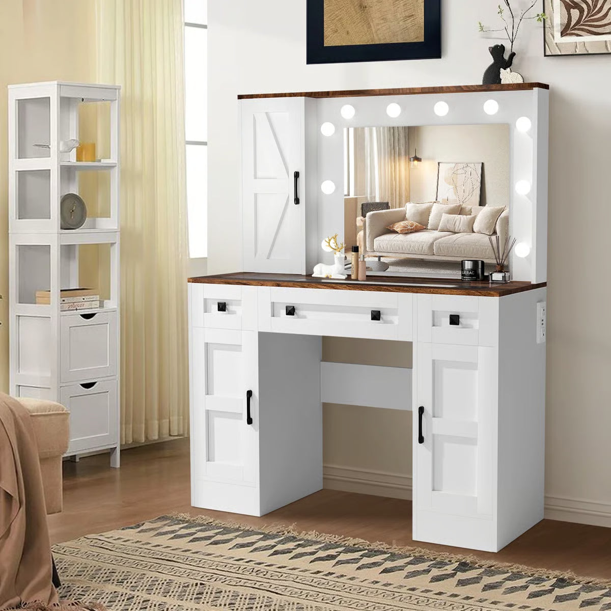 Winston Porter White Rustic Vanity Table โ Farmhouse Makeup Desk with LED Mirror, 3 Drawers & 3 Cabinets-OUCH CART |Dressing table