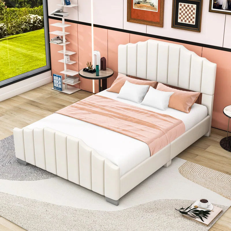 Wood Platform Bed with Upholstered Headboard and Slats OUCH CART