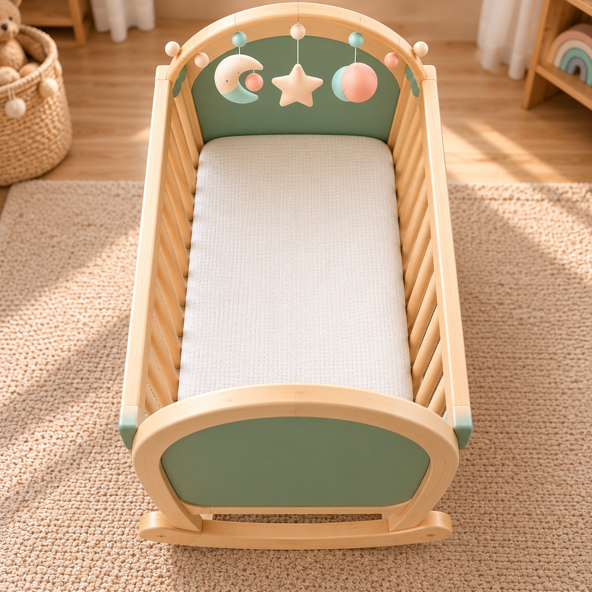 Wooden Baby Rocking Cradle with Sage Green Finish, Modern Baby Crib with Curved Rocker Base, Wooden Slats, Soft Mattress and Hanging Musical Mobile, Elegant Nursery Furniture
