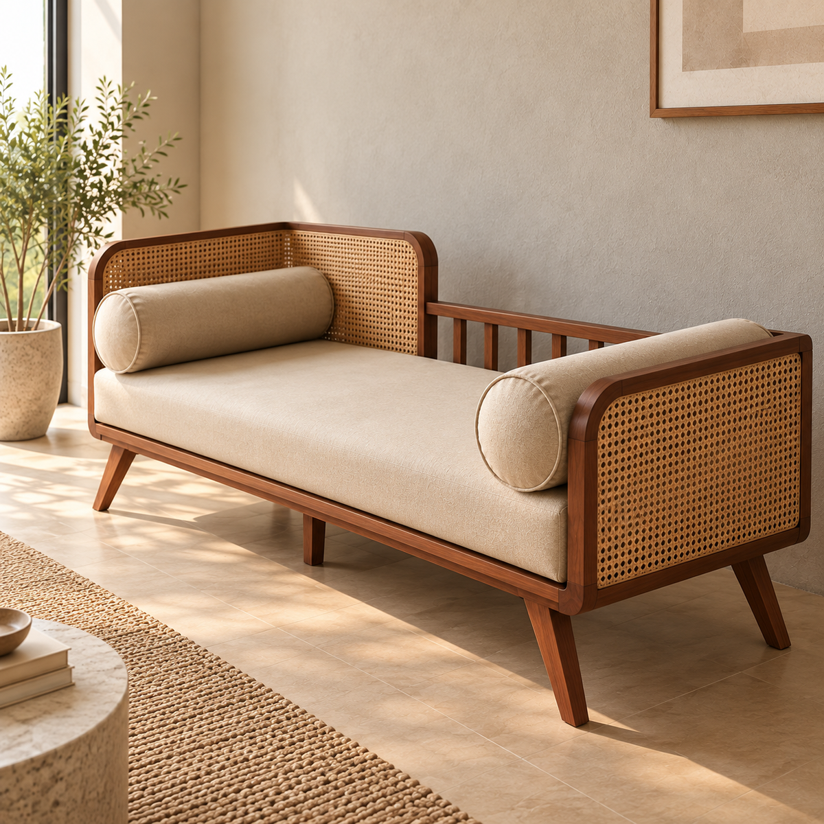 Wooden Cane Daybed Sofa with Beige Upholstery & Bolster Pillows | Mid-Century Modern 3 Seater Sofa for Living Room, Bedroom & Lounge