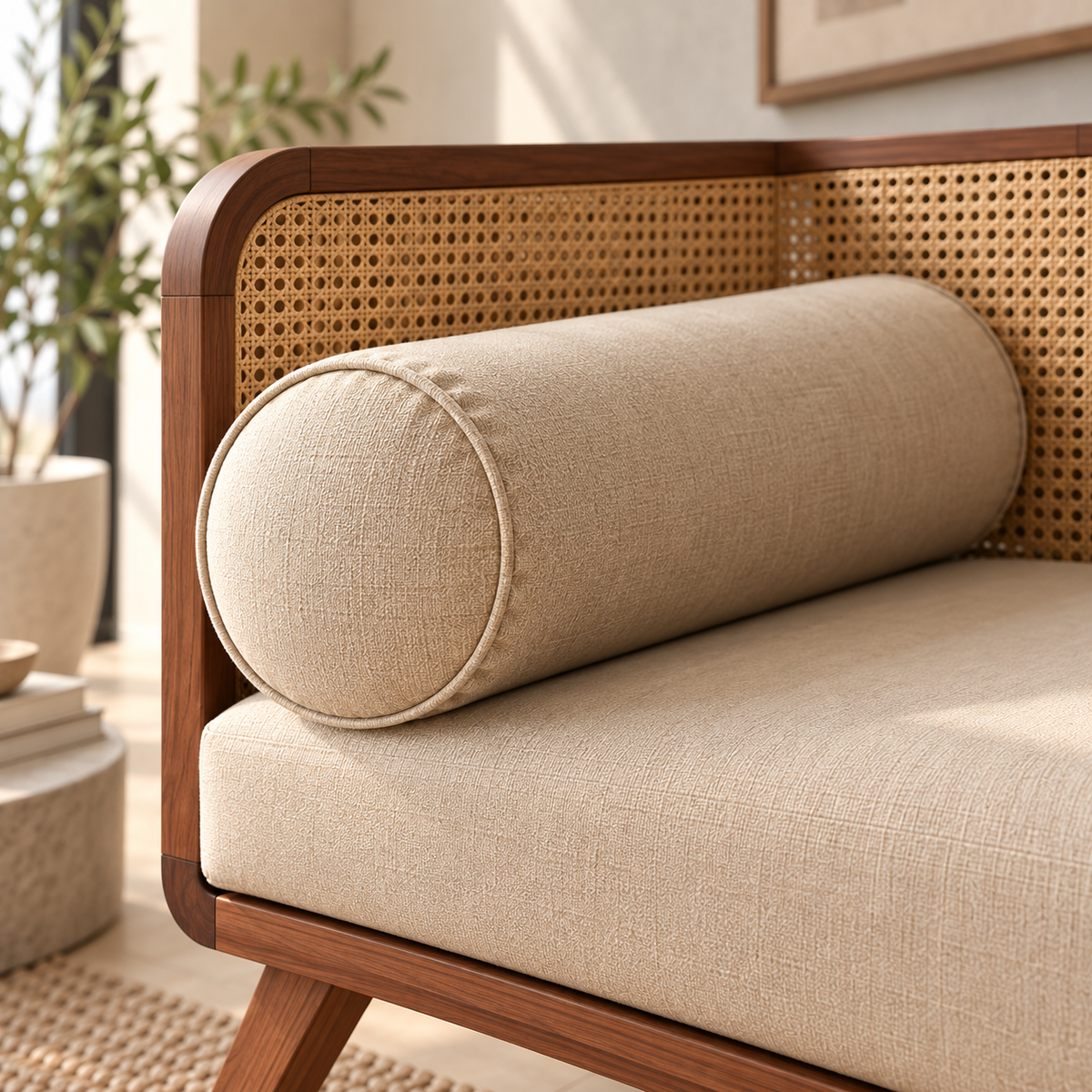 Wooden Cane Daybed Sofa with Beige Upholstery & Bolster Pillows | Mid-Century Modern 3 Seater Sofa for Living Room, Bedroom & Lounge