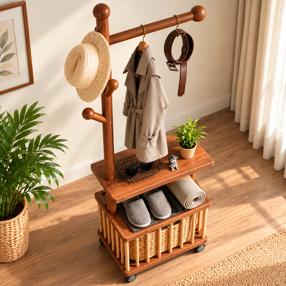 Wooden Coat Rack with Wicker Storage Basket, Freestanding Hall Tree with Hanging Hooks, 2-Tier Shelves and Wheels, Multipurpose Entryway Organizer for Home, Bedroom and Living Room