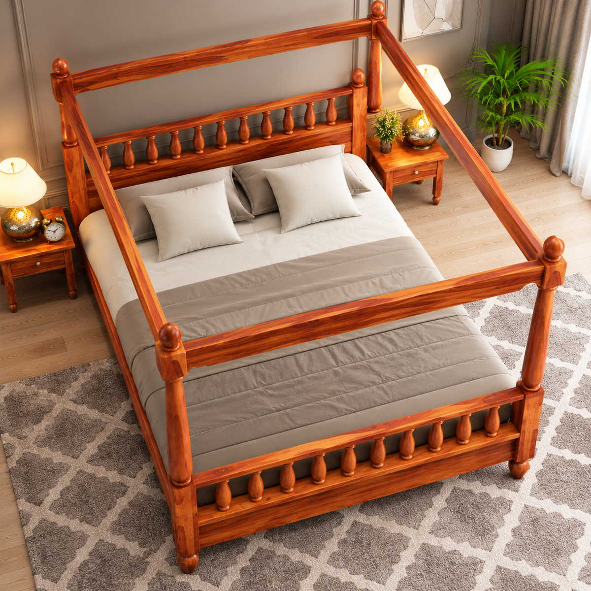 Wooden Four Poster Canopy Bed with Spindle Headboard and Footboard | Luxury Solid Wood Bed Frame for Bedroom