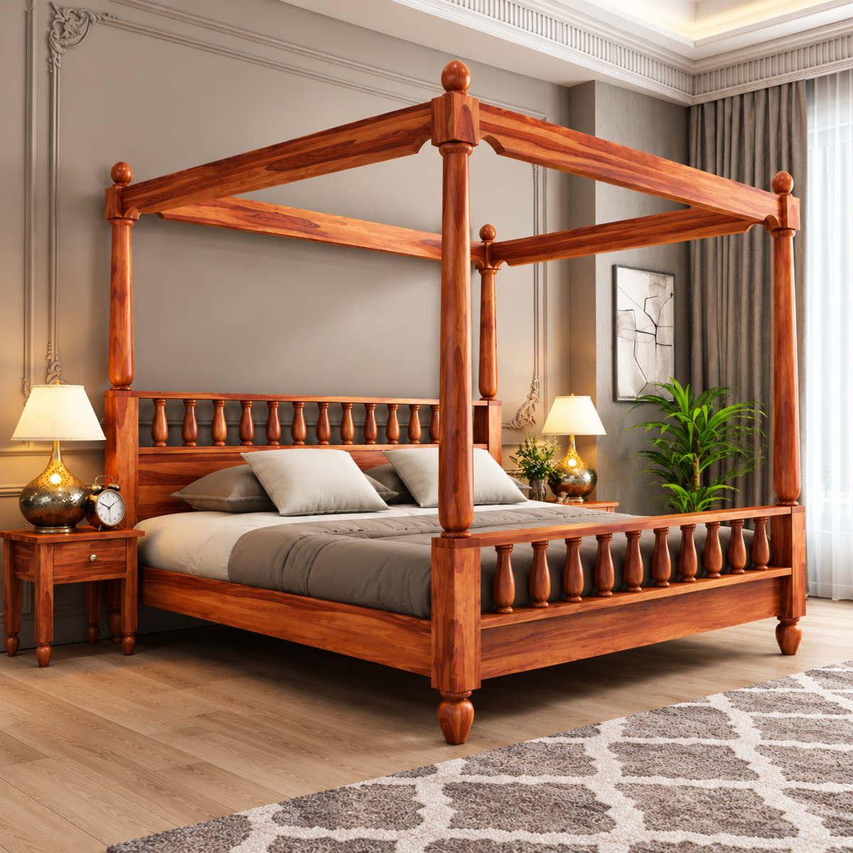 Wooden Four Poster Canopy Bed with Spindle Headboard and Footboard | Luxury Solid Wood Bed Frame for Bedroom