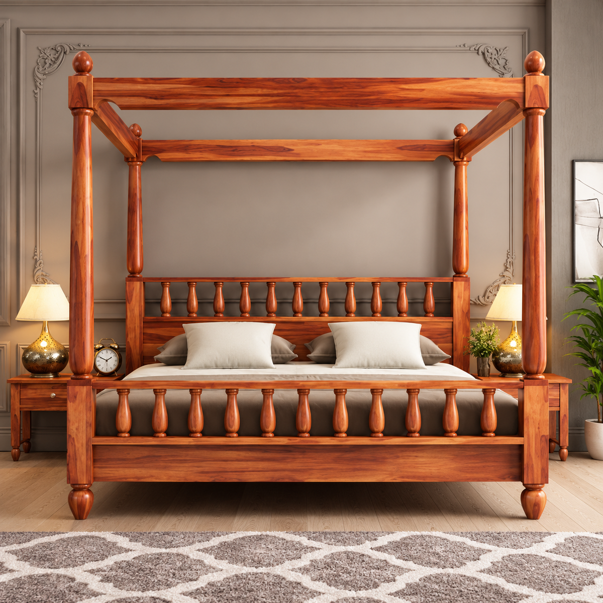 Wooden Four Poster Canopy Bed with Spindle Headboard and Footboard | Luxury Solid Wood Bed Frame for Bedroom