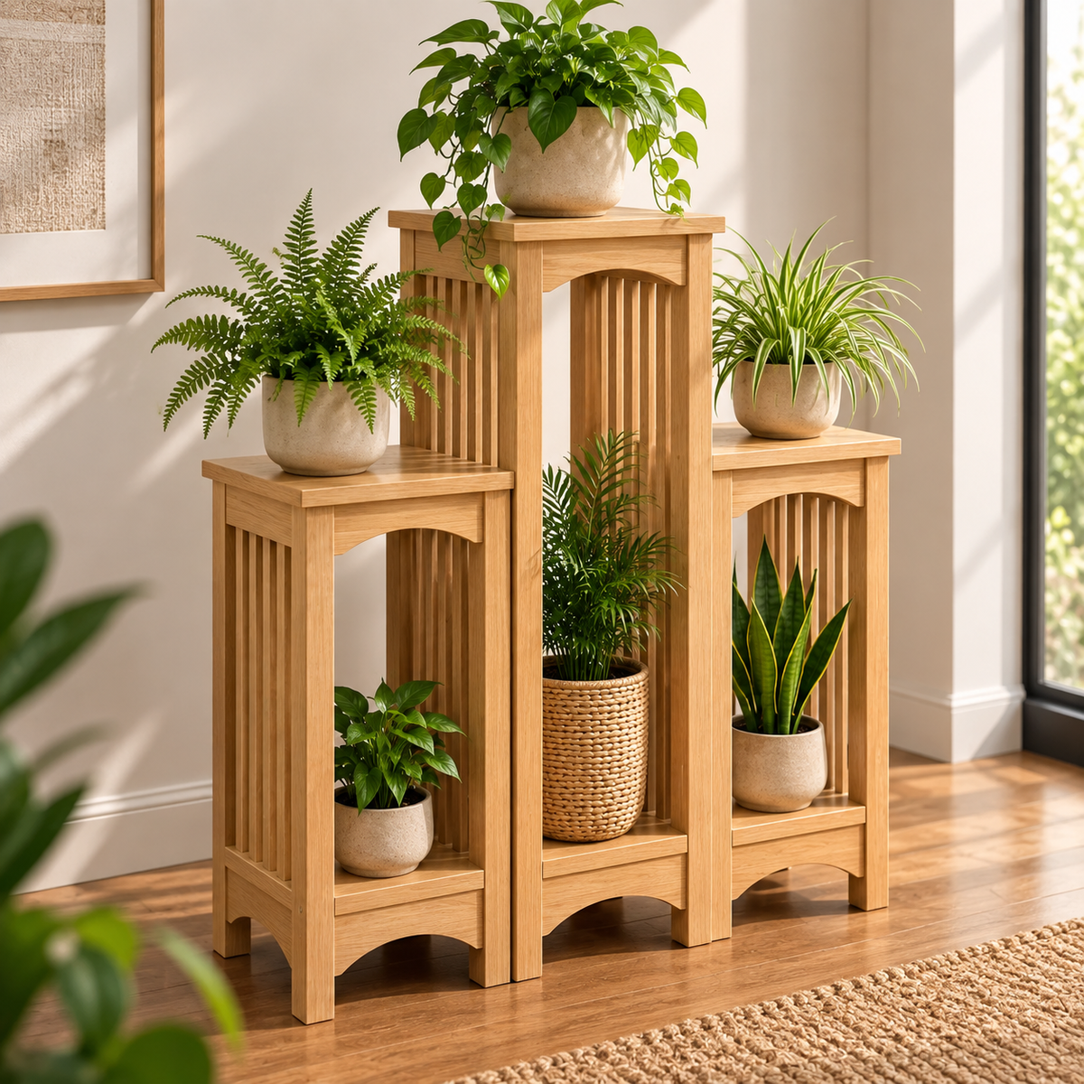 Wooden Plant Stand for Indoor Plants | 3-Tier Multi-Level Flower Pot Holder Ouch Cart