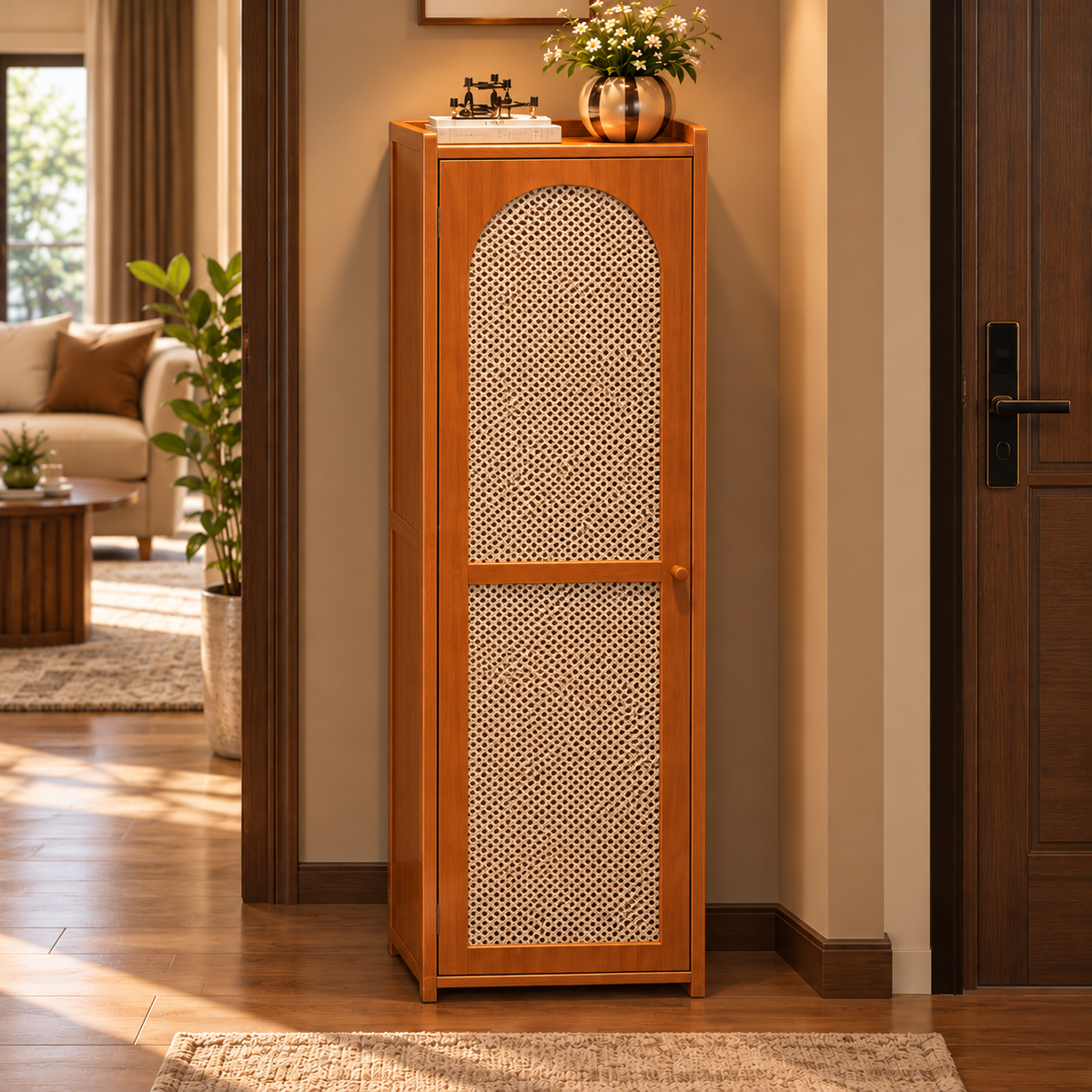 Wooden Shoe Cabinet with Cane Rattan Door, Tall Slim Shoe Storage Organizer, Walnut Brown Shoe Rack for Entryway and Hallway