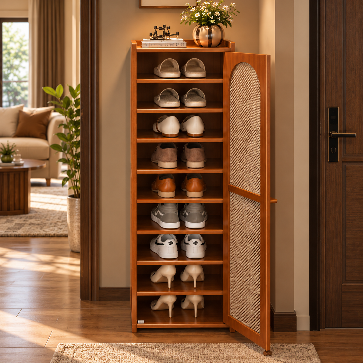 Wooden Shoe Cabinet with Cane Rattan Door, Tall Slim Shoe Storage Organizer, Walnut Brown Shoe Rack for Entryway and Hallway