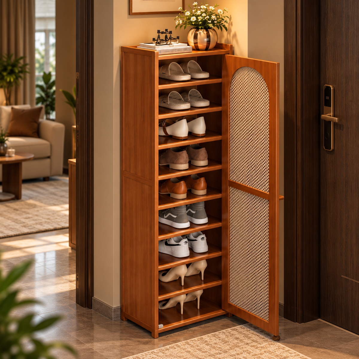 Wooden Shoe Cabinet with Cane Rattan Door, Tall Slim Shoe Storage Organizer, Walnut Brown Shoe Rack for Entryway and Hallway
