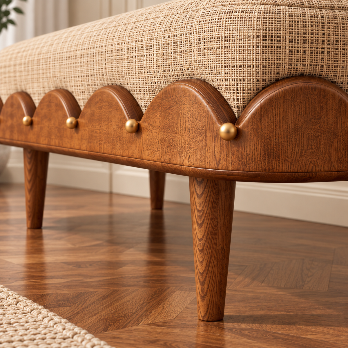 Wooden Upholstered Bench for Living Room | Solid Wood Ottoman Bench with Beige Fabric, Scalloped Design & Tapered Legs