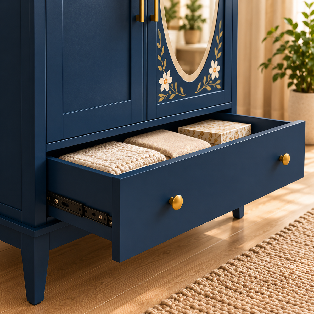Wooden Wardrobe with Mirror Navy Blue 2 Door Almirah with Floral Design, Drawer & Brass Handles Bedroom Storage Cabinet