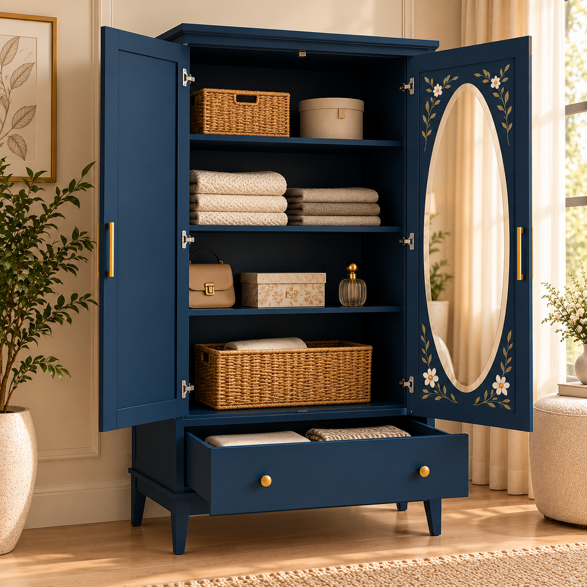 Wooden Wardrobe with Mirror Navy Blue 2 Door Almirah with Floral Design, Drawer & Brass Handles Bedroom Storage Cabinet