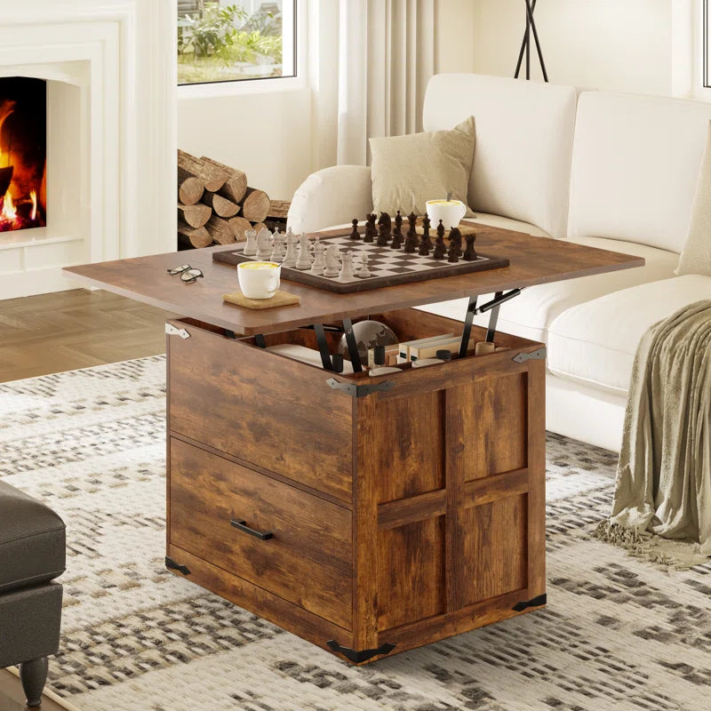Farmhourse Wood Square Coffee Table, Lift Top Coffee Table with 4-in-1 Storage