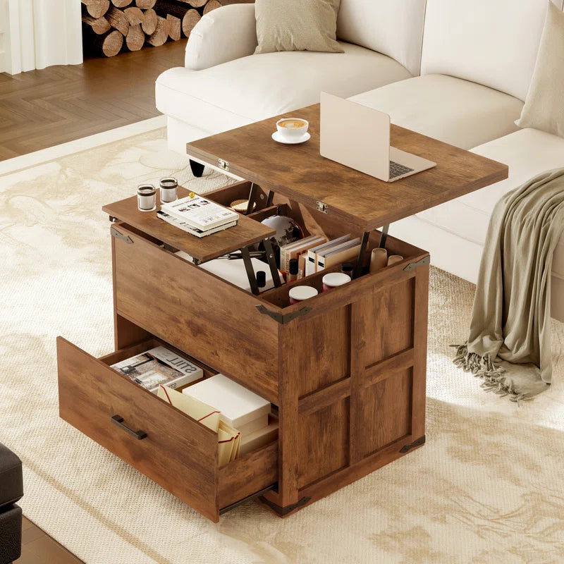 Farmhourse Wood Square Coffee Table, Lift Top Coffee Table with 4-in-1 Storage OUCH CART
