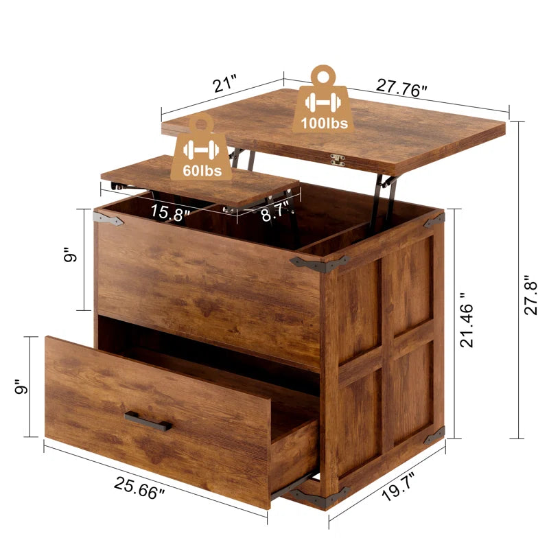 Farmhourse Wood Square Coffee Table, Lift Top Coffee Table with 4-in-1 Storage OUCH CART
