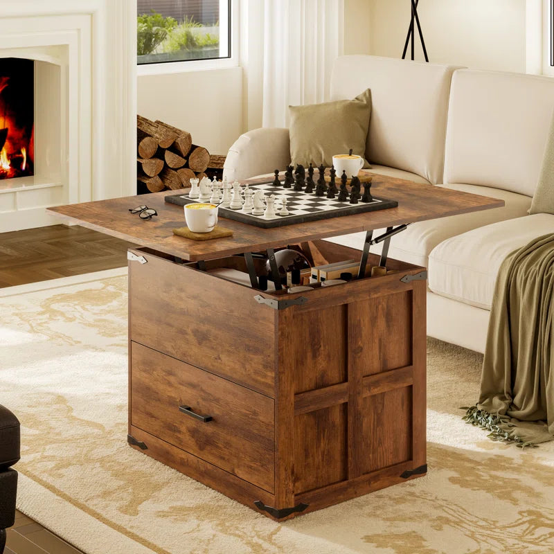 Farmhourse Wood Square Coffee Table, Lift Top Coffee Table with 4-in-1 Storage OUCH CART