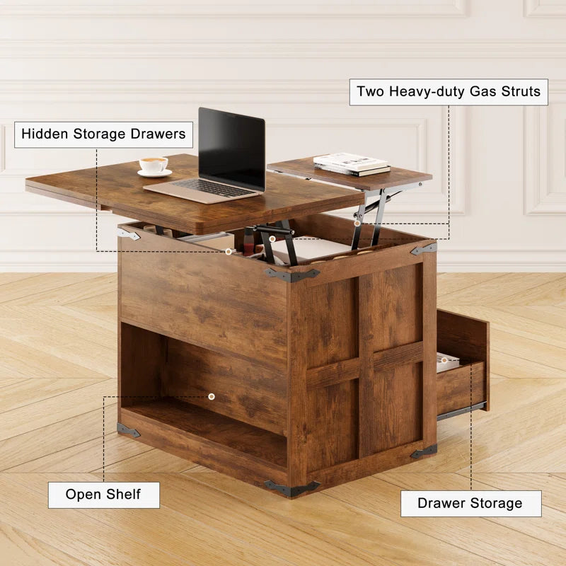 Farmhourse Wood Square Coffee Table, Lift Top Coffee Table with 4-in-1 Storage OUCH CART