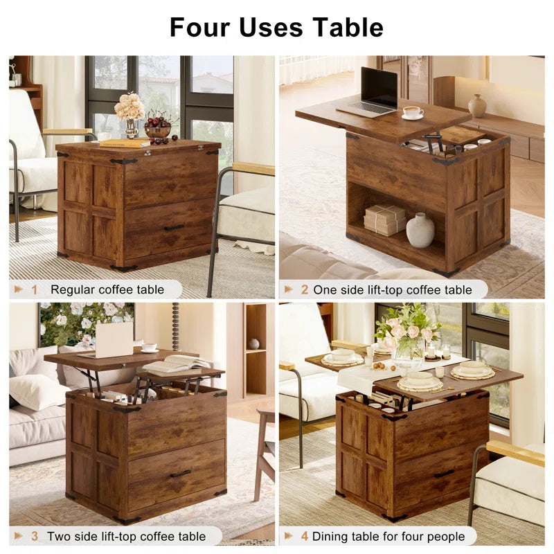 Farmhourse Wood Square Coffee Table, Lift Top Coffee Table with 4-in-1 Storage OUCH CART