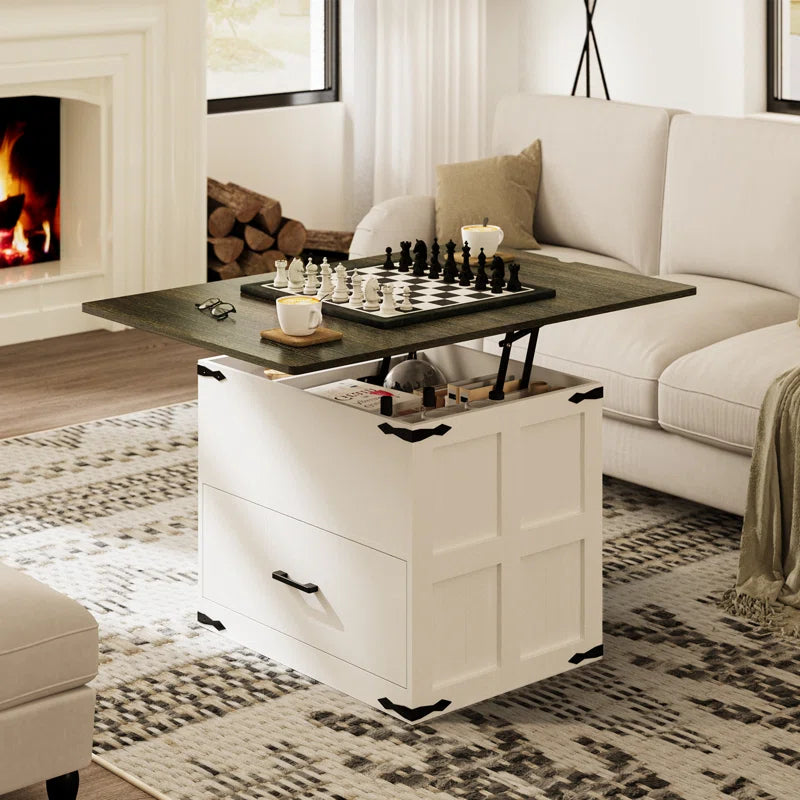 Farmhourse Wood Square Coffee Table, Lift Top Coffee Table with 4-in-1 Storage OUCH CART