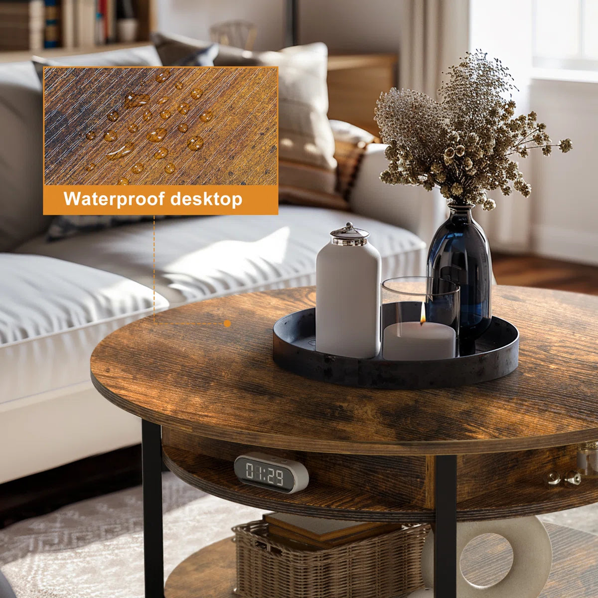 Round Lift-Top Coffee Table with Hidden Storage & Lower Shelf